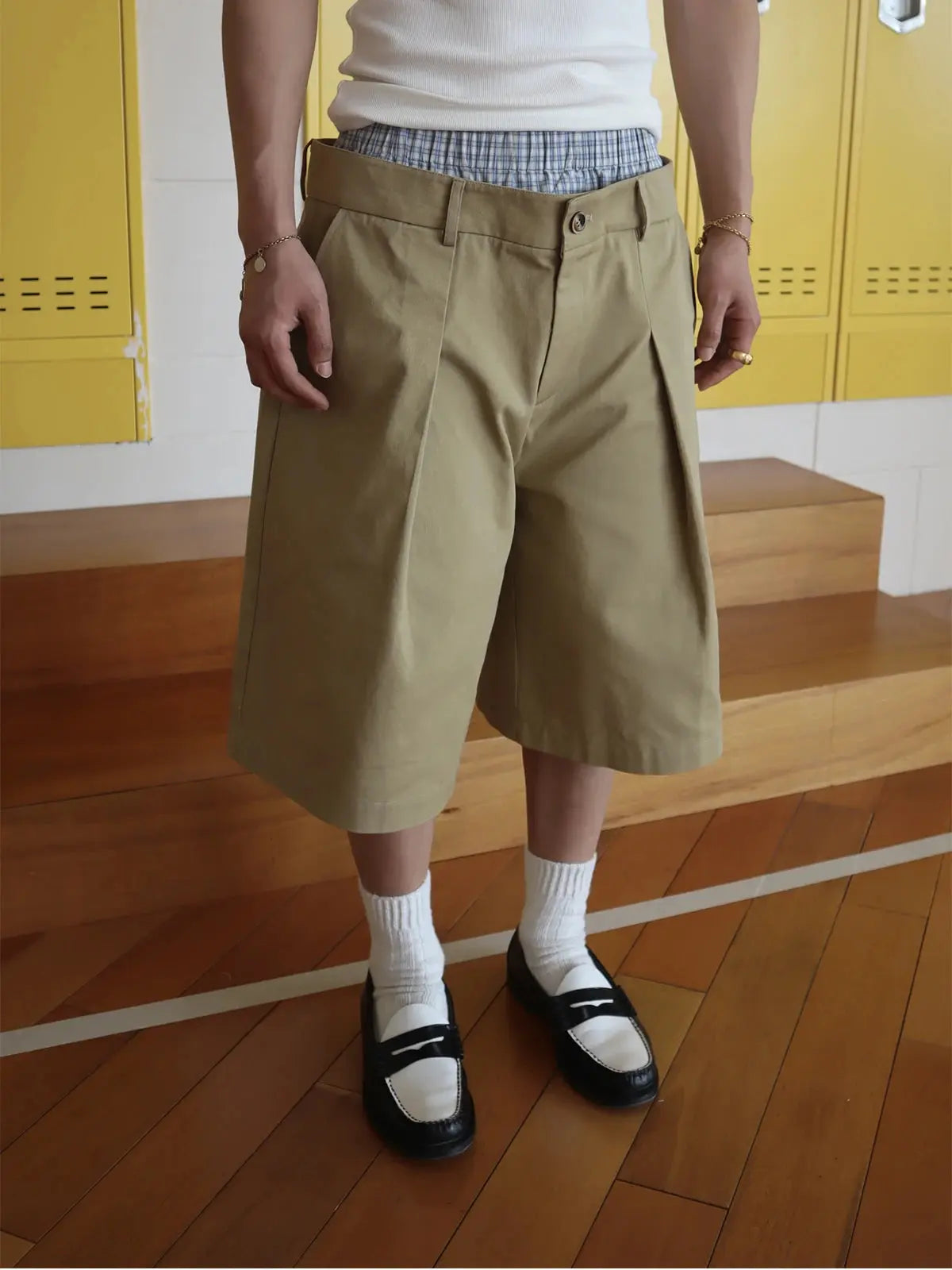 Mauroicardi Spring Summer Plaid Patchwork Khaki Shorts for Men Double Waist Knee Length Pants Luxury Designer Emo Clothes 2025 Hominus Denim