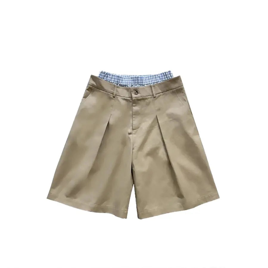 Mauroicardi Spring Summer Plaid Patchwork Khaki Shorts for Men Double Waist Knee Length Pants Luxury Designer Emo Clothes 2025 Hominus Denim