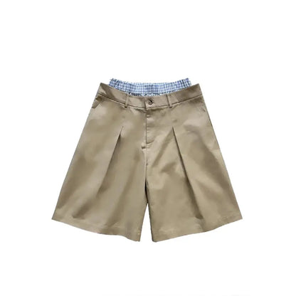 Mauroicardi Spring Summer Plaid Patchwork Khaki Shorts for Men Double Waist Knee Length Pants Luxury Designer Emo Clothes 2025 Hominus Denim