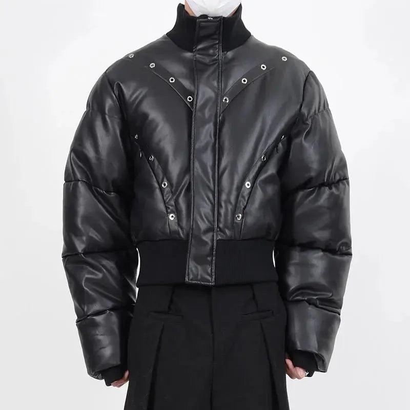 Leather Puffer Metal Holes Jacket - Hominus Denim