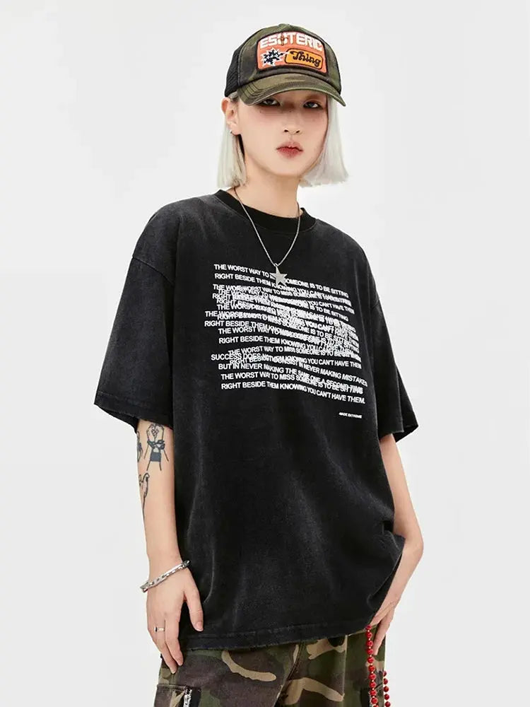 Men T-Shirt Washed Black Oversized Streetwear Grunge Letter Kpop Cotton Short Sleeve Tee Top Korean Fashion Vintage Y2k Clothing Hominus Denim