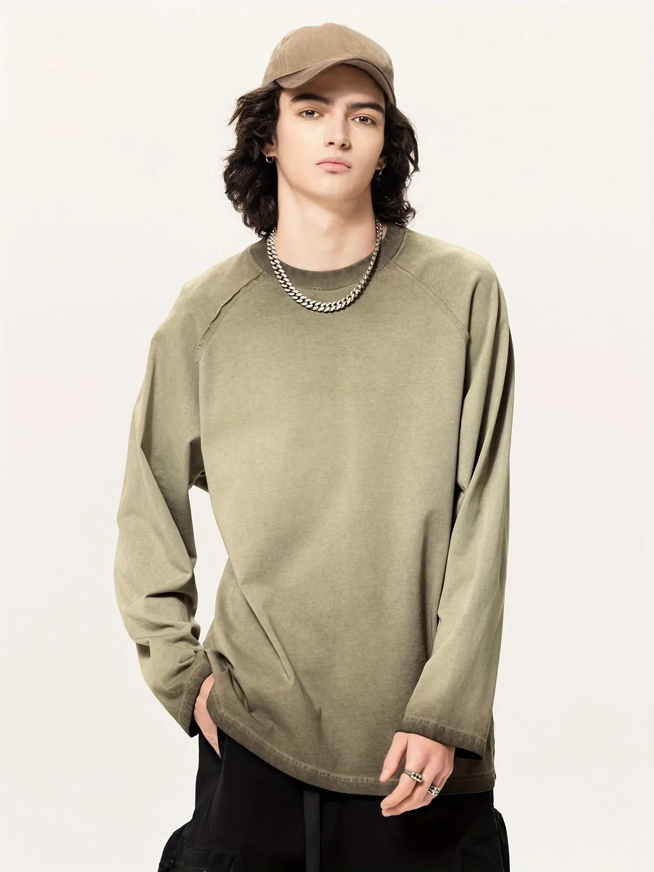 Men's 100% Cotton Loose Solid T-shirt, Vintage Style Long Sleeve Crew Neck Tee, Men's Clothing For Outdoor Hominus Denim