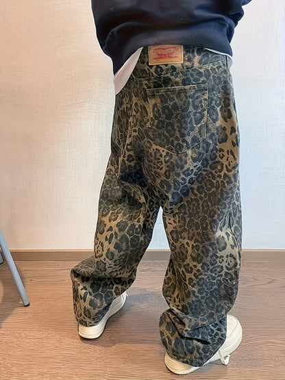 Men's Baggy Leopard Skin Graphic Print Denim Pants With Pockets, Street Style Jeans For Fall Winter Outdoor Activities Hominus Denim