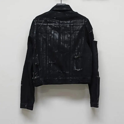Men's Black Wax Coated Denim Jacket Vintage Stand Collardenim Jacket Button Up Coat Loose Fit American Casual Classic Outerwear Hominus Denim