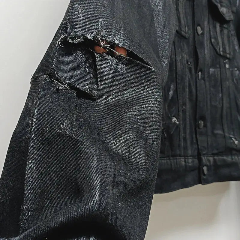 Men's Black Wax Coated Denim Jacket Vintage Stand Collardenim Jacket Button Up Coat Loose Fit American Casual Classic Outerwear Hominus Denim