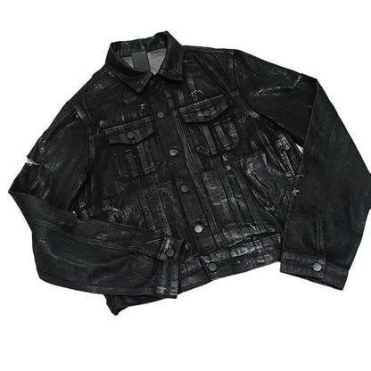 Men's Black Wax Coated Denim Jacket Vintage Stand Collardenim Jacket Button Up Coat Loose Fit American Casual Classic Outerwear Hominus Denim