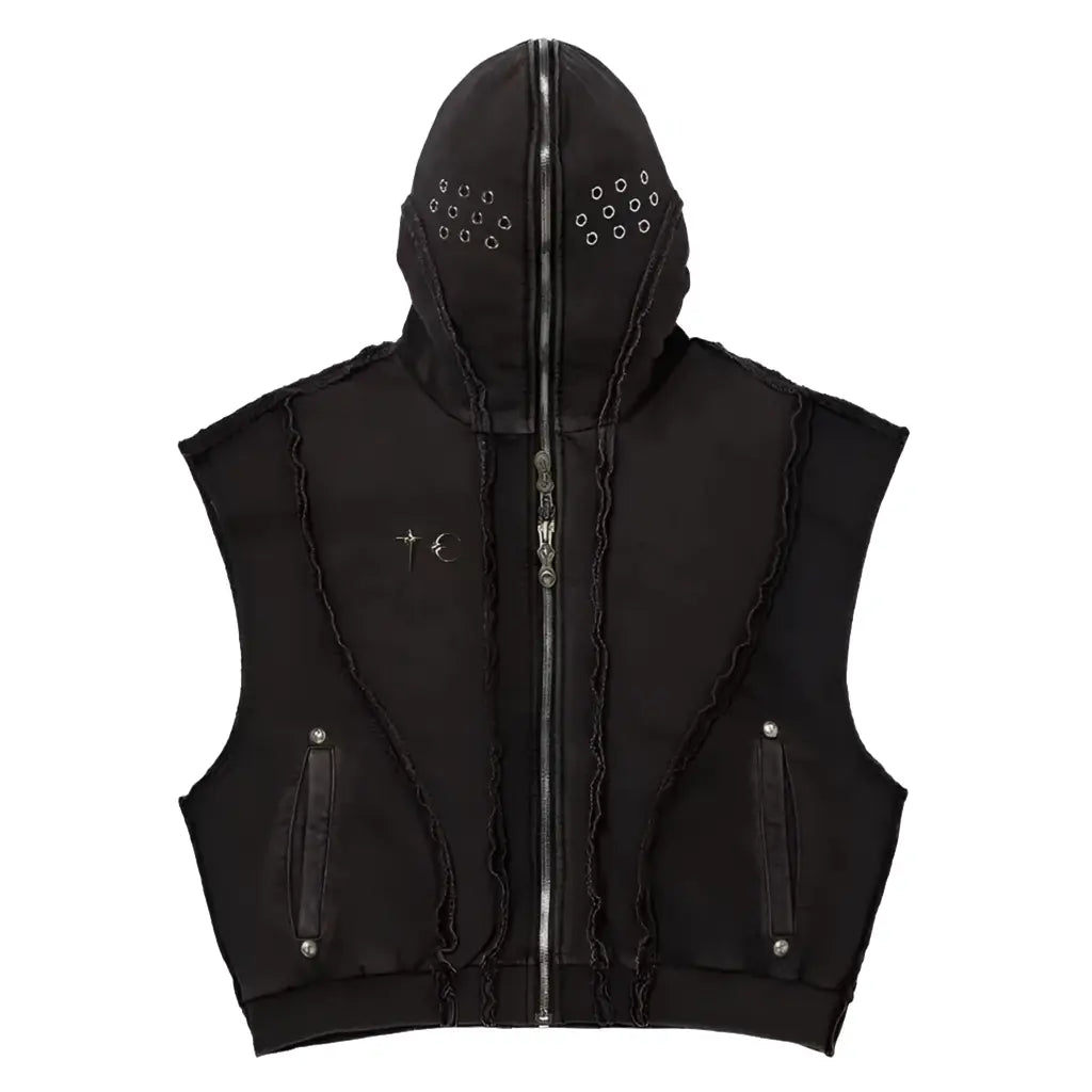 Men's Punk Distressed Edge Hollow Zipper Hooded Vest Jacket Vintage Metal Logo Sleeveless Coat for Male Hominus Denim