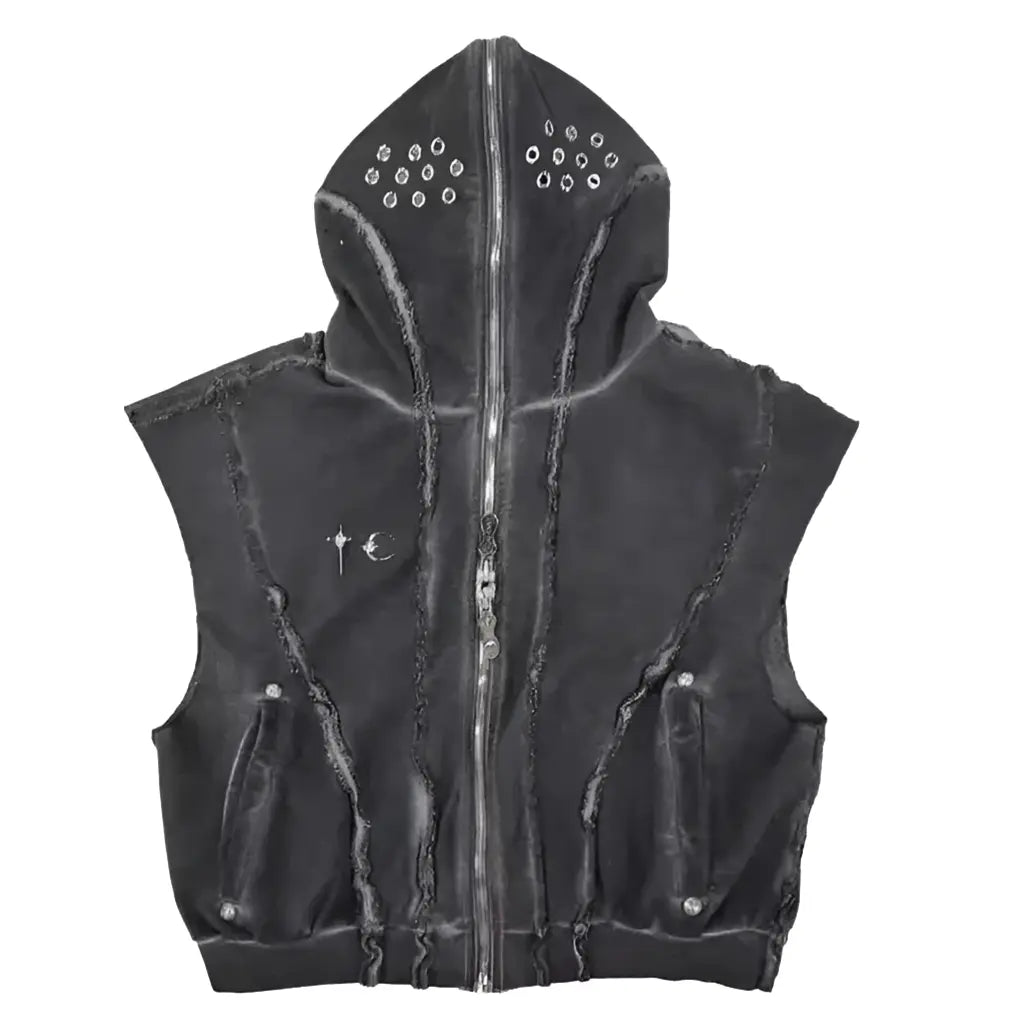 Men's Punk Distressed Edge Hollow Zipper Hooded Vest Jacket Vintage Metal Logo Sleeveless Coat for Male Hominus Denim