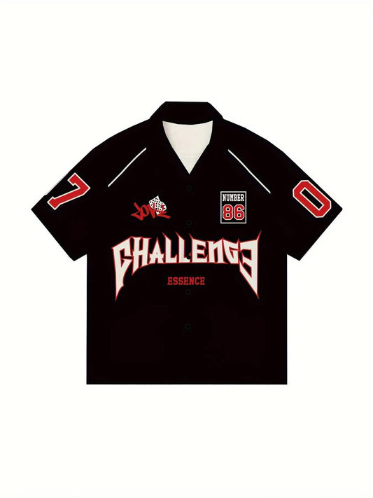 Men's Short Sleeve Lapel Shirt With Number And Letter Print, Men's Summer Racing Shirt, Soft For Summer Sports Hominus Denim
