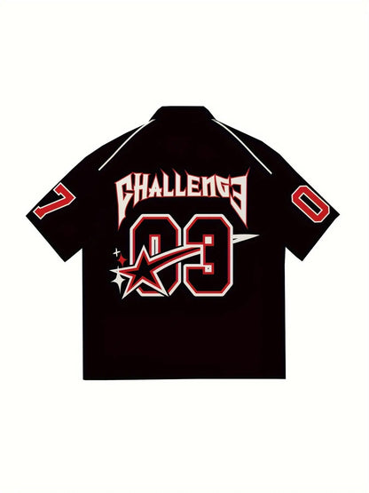 Men's Short Sleeve Lapel Shirt With Number And Letter Print, Men's Summer Racing Shirt, Soft For Summer Sports Hominus Denim