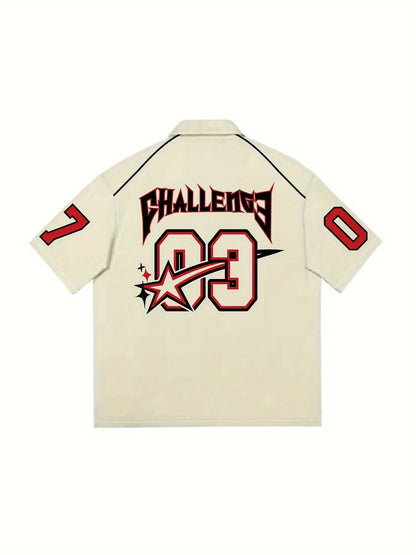 Men's Short Sleeve Lapel Shirt With Number And Letter Print, Men's Summer Racing Shirt, Soft For Summer Sports Hominus Denim