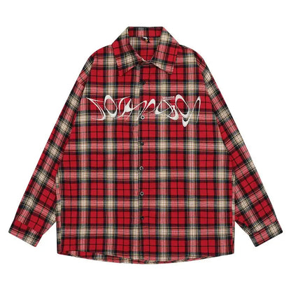 Mens Plaid Shirt Cotton Embroidery Letter Turndown Collar Shirts Japanese Harajuku Casual Long Sleeved T-shirt Couple Jackets Hominus Denim
