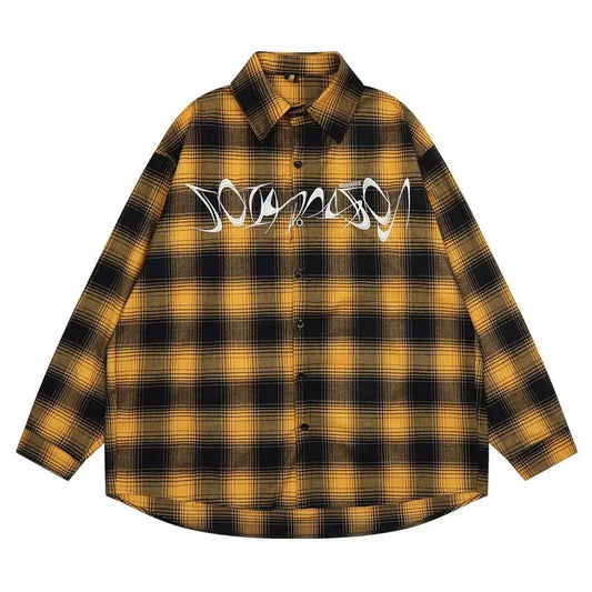 Mens Plaid Shirt Cotton Embroidery Letter Turndown Collar Shirts Japanese Harajuku Casual Long Sleeved T-shirt Couple Jackets Hominus Denim