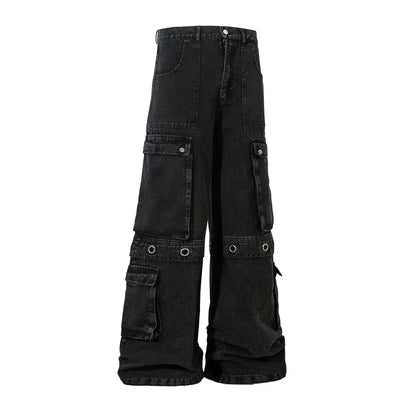 Multi-Pocket Spliced Wide Leg Jeans Mens Washed Distressed Loose Baggy Denim Pants Men Trousers Hominus Denim