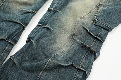 Multi Pockets Pleated Washed Blue Baggy Cargo Jean