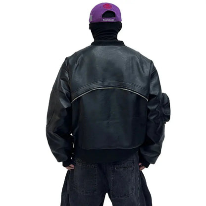 Multi Zippers Spliced Leather Jacket