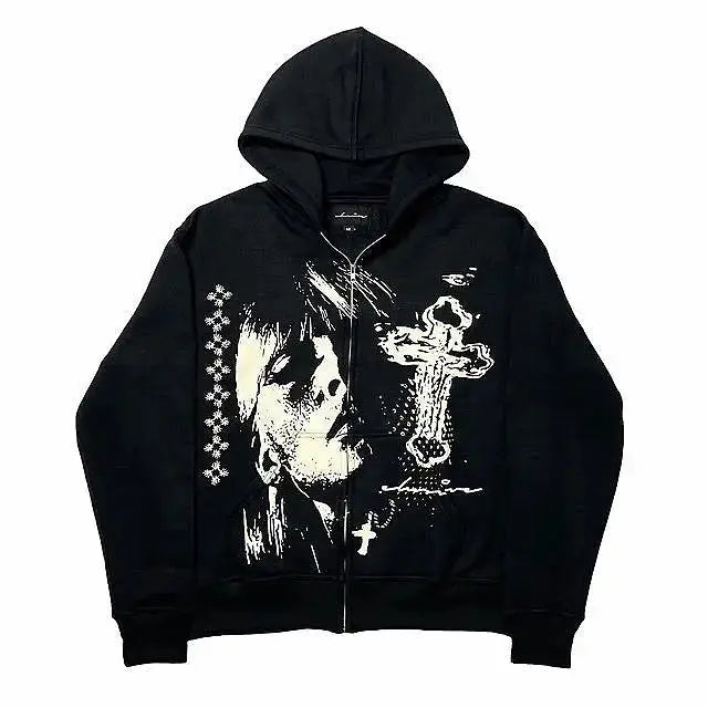 New black loose zipper hoodie men American cross head print street Harajuku oversized sweatshirt Y2K punk Japanese couple jacket Hominus Denim