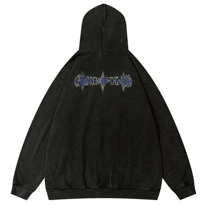 Oversize Self Reflection Graphic Washed Black Hoodie