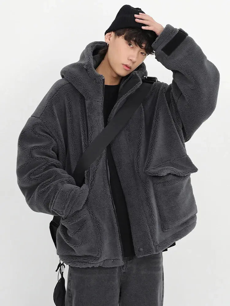 Oversized Dark Grey Fleece Hooded Jacket