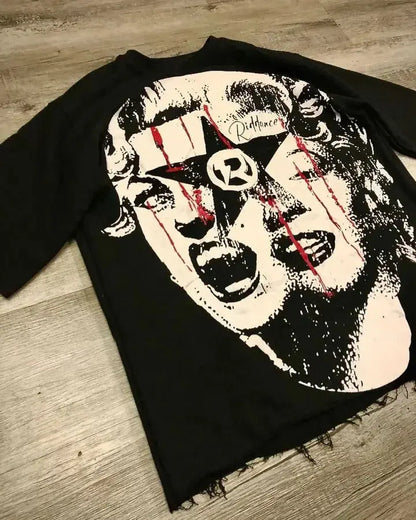 Oversized Destroyed Graphic Gothic Print Design Tee