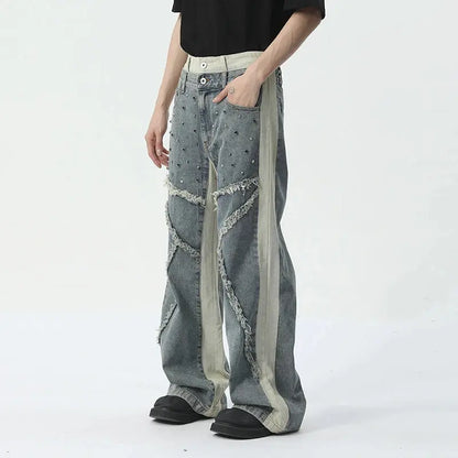 Oversized Double Layer Rivet Patchwork Pocket Baggy Jean