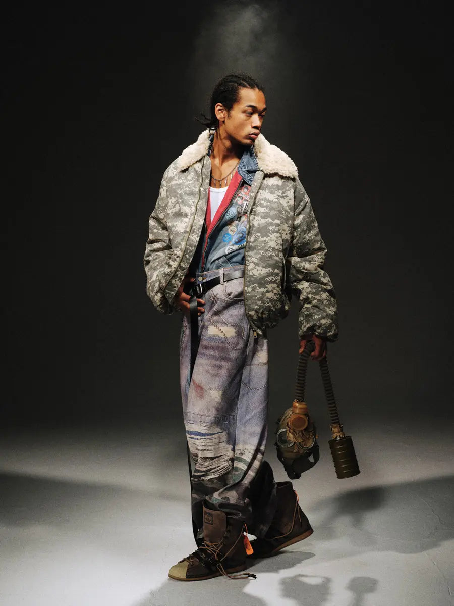 Oversized Grunge Camouflage Pattern Flight Jacket Hominus Denim