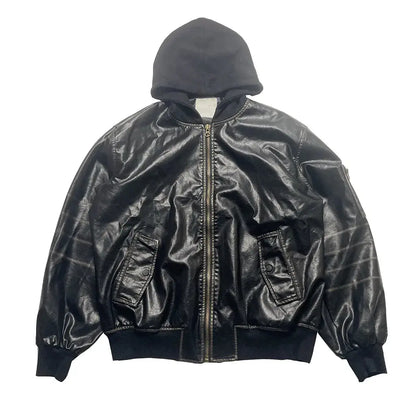 Oversized Hooded Leather Bomber Jacket