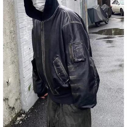 Oversized Hooded Leather Bomber Jacket