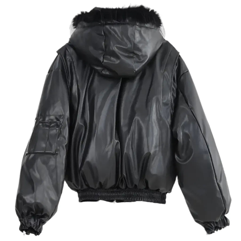 Oversized Leather Fur Hooded Cropped Bomber Hominus Denim