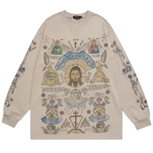 Oversized Retro Graphic Christian Design Long Sleeve Tee - Hominus Denim