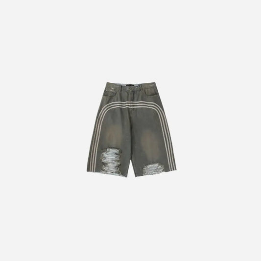 Oversized Washed Ripped Striped Denim Shorts Hominus Denim
