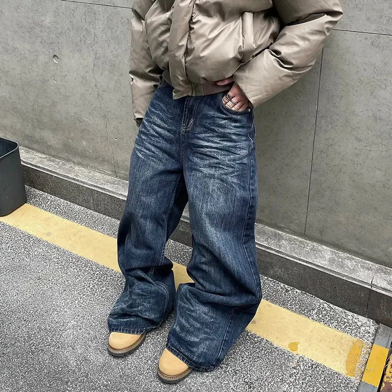 PFNW American Vintage Baggy Jeans Moustache Effect Design Straight Denim Trousers Men's Silhouette Wide Leg Pants Tide 12C2239 Hominus Denim