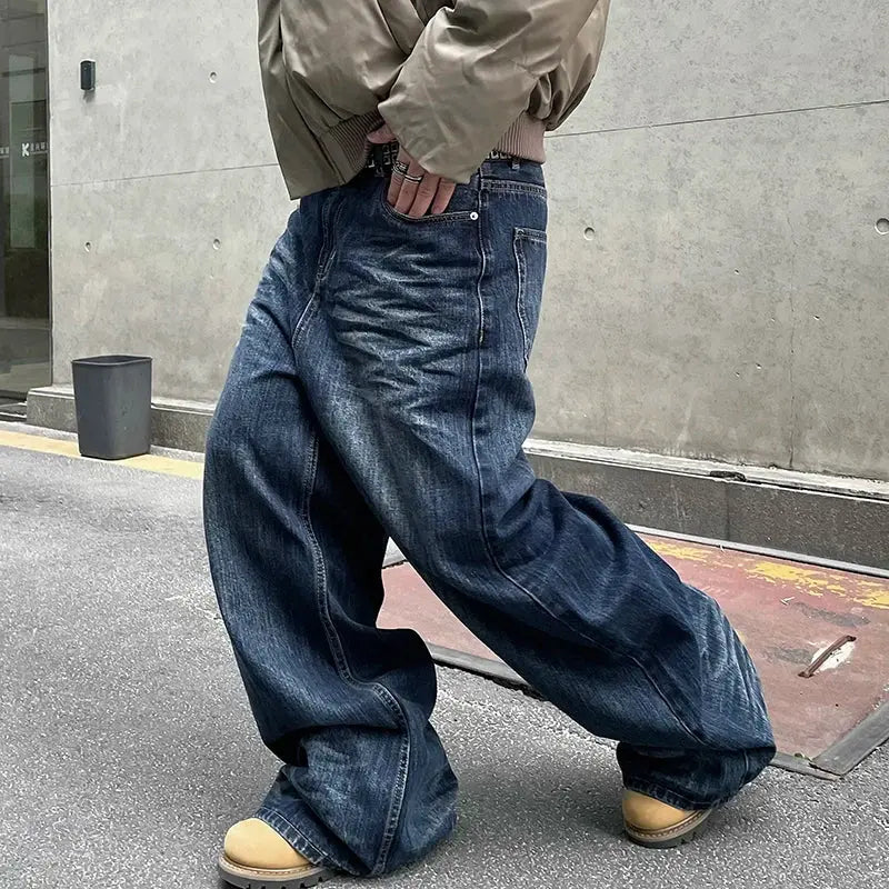 PFNW American Vintage Baggy Jeans Moustache Effect Design Straight Denim Trousers Men's Silhouette Wide Leg Pants Tide 12C2239 Hominus Denim