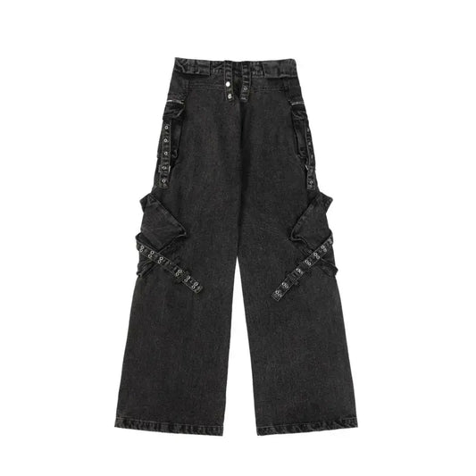 PFNW Autumn Men's Denim Pants Metal Button Ribbon Bottom Zipper Design Big Pockets Overall Worn-out Wide Leg Male Jeans 12C455 Hominus Denim