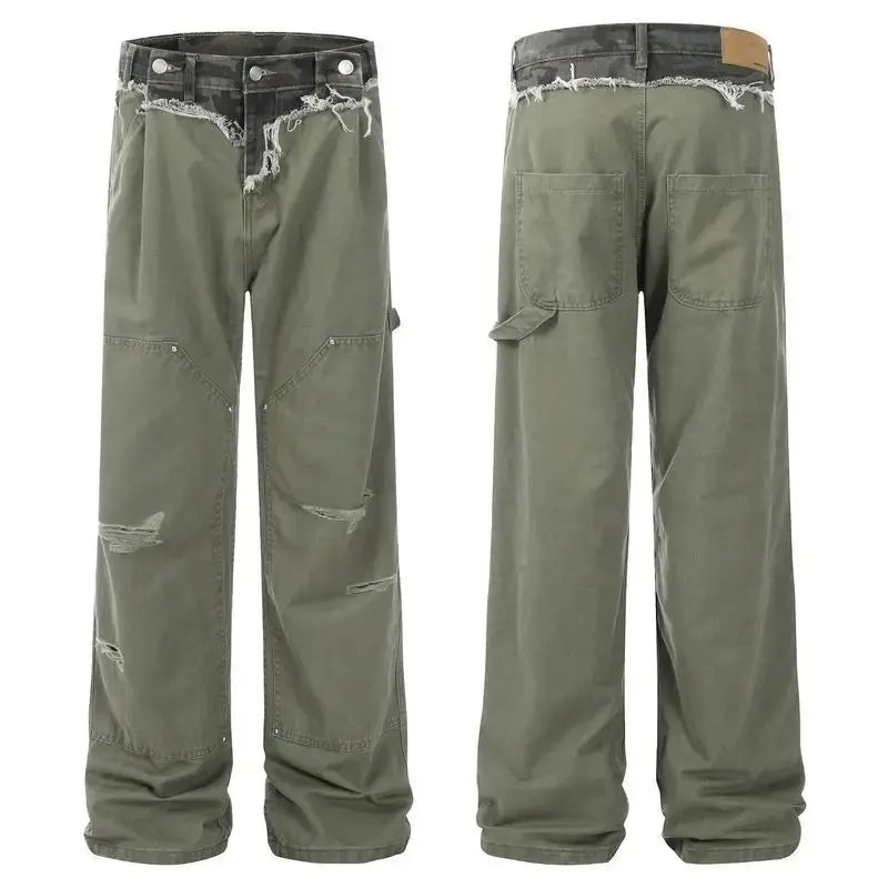 PFNW Camouflage Splicing Hole Logging Cargo Pants Men's Cleanfit Loose Straight Casual Trousers 2025 New Tide Long Pants 12C2225 Hominus Denim