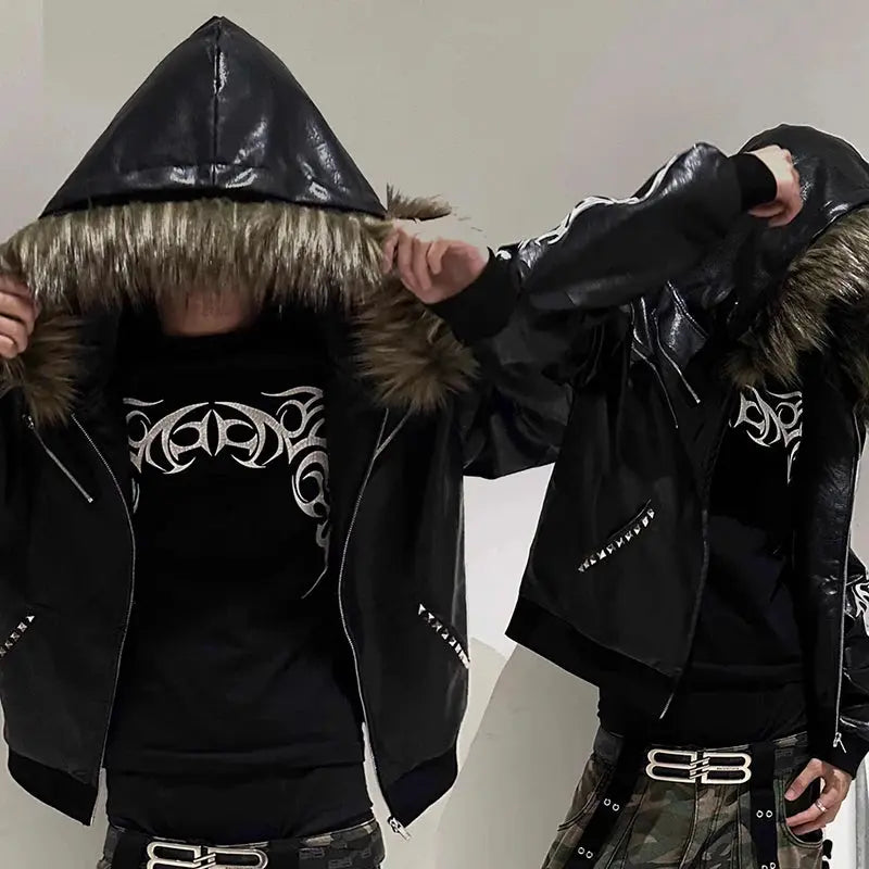 PFNW High Quality Detachable Fur Collar Punk Rivets Design Printting Black PU Leather Hooded Jacket Loose Causal Coat 28W5691 Hominus Denim