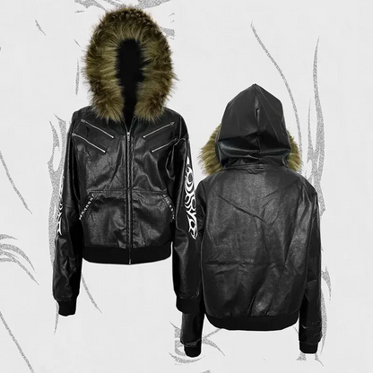 PFNW High Quality Detachable Fur Collar Punk Rivets Design Printting Black PU Leather Hooded Jacket Loose Causal Coat 28W5691 Hominus Denim