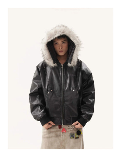 PFNW Men's Detachable Fur Collar PU Leather Jacket Black Cotton-padded Coat Cleanfit Oversized Silhouette Winter Clothes 28W5498 Hominus Denim