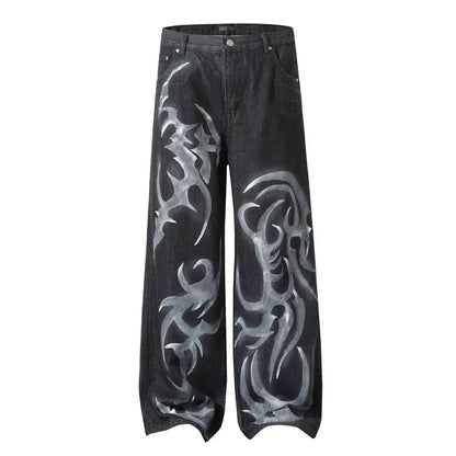 PFNW Niche Graffiti Design Straight Loose Jeans Men's High Street Distressed Printted Trend Wide Leg Trousers Spring New 12C2146 Hominus Denim