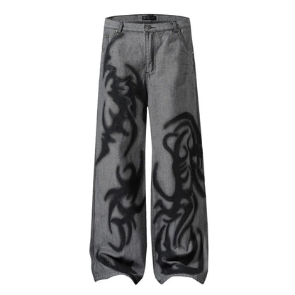 PFNW Niche Graffiti Design Straight Loose Jeans Men's High Street Distressed Printted Trend Wide Leg Trousers Spring New 12C2146 Hominus Denim