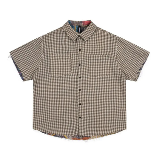 Pocket Plaid Short Sleeve Shirts Mens Vintage Streetwear Lapel Loose Half-Sleeve Single Breasted Raw Hem Shirts Men Hominus Denim