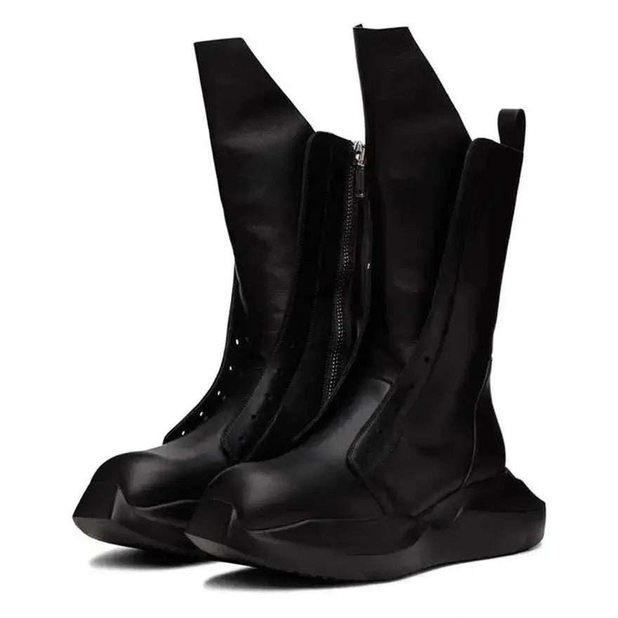 Punk Rock Black Real Leather Handmade Thick Sole Cowihde Gothic Casual Platform Boots Hominus Denim