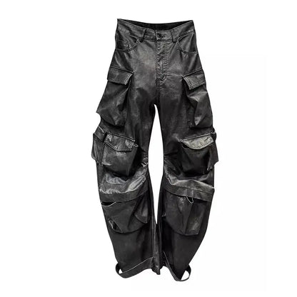 REDDACHIC Multi-pocket Leather Cargo Pants Men Moto Biker Distressed PU Oversized Wide Leg Pants Loose Casual Harajuku Work Wear Hominus Denim