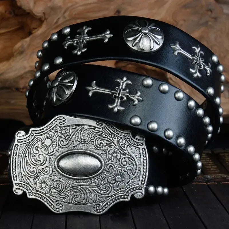 Retro Heavy Metal Rivets Men's Belt Harley Locomotive Rock Punk Style Personality Belt Extra Thick Genuine Leather Jeans Belt Hominus Denim