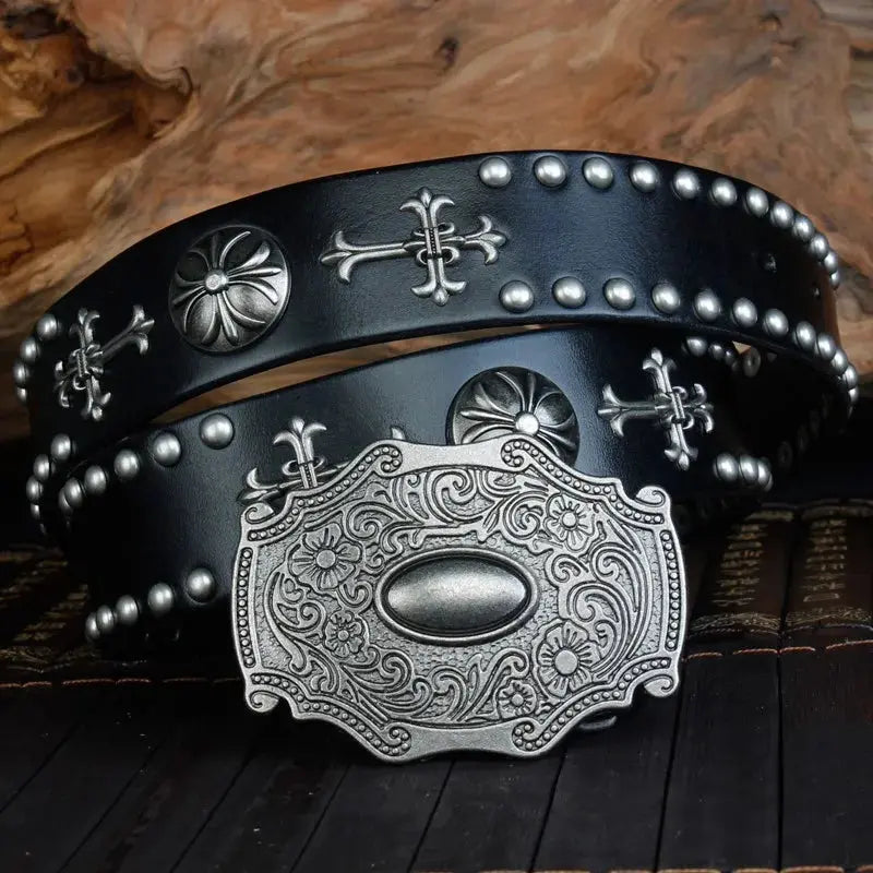 Retro Heavy Metal Rivets Men's Belt Harley Locomotive Rock Punk Style Personality Belt Extra Thick Genuine Leather Jeans Belt Hominus Denim