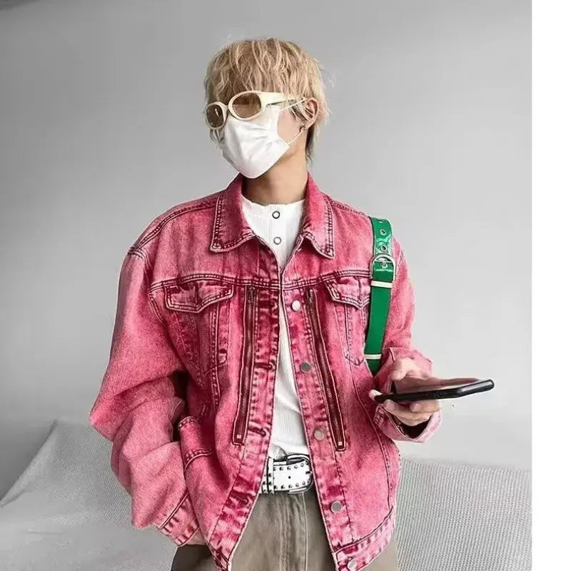 Retro Men Short Denim Jacket Loose Autumn Lapel Pink Washed Distress Cowboy Coat Male Y2k Japanese Harajuku Cargo Outwear 2023 Hominus Denim