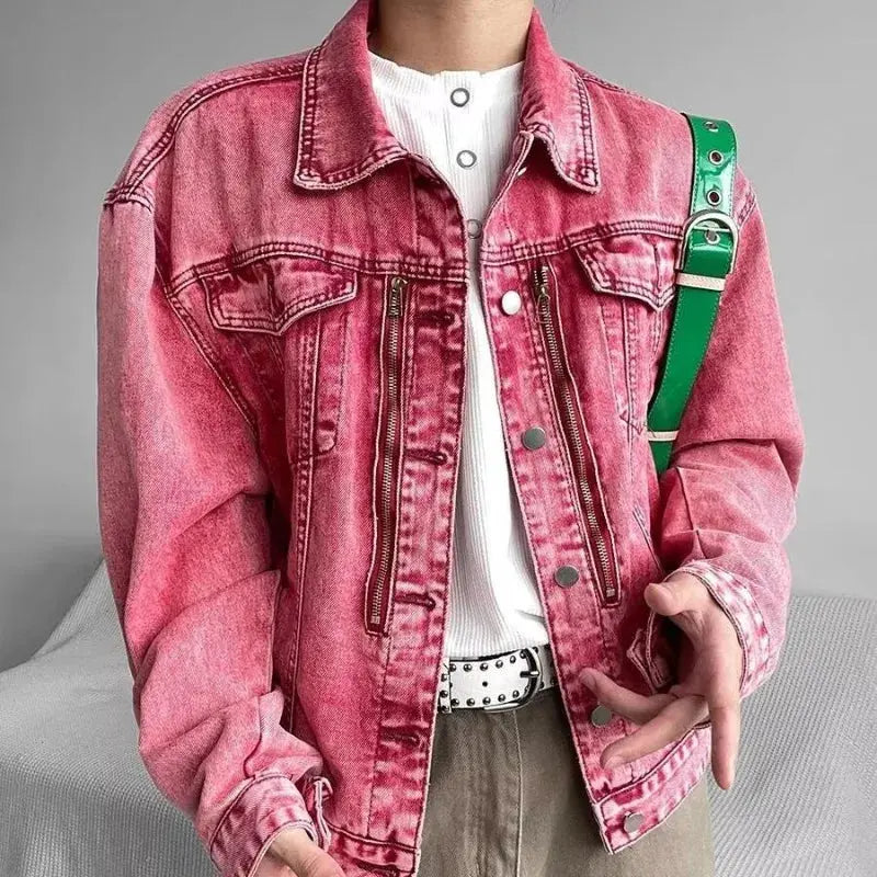 Retro Men Short Denim Jacket Loose Autumn Lapel Pink Washed Distress Cowboy Coat Male Y2k Japanese Harajuku Cargo Outwear 2023 Hominus Denim