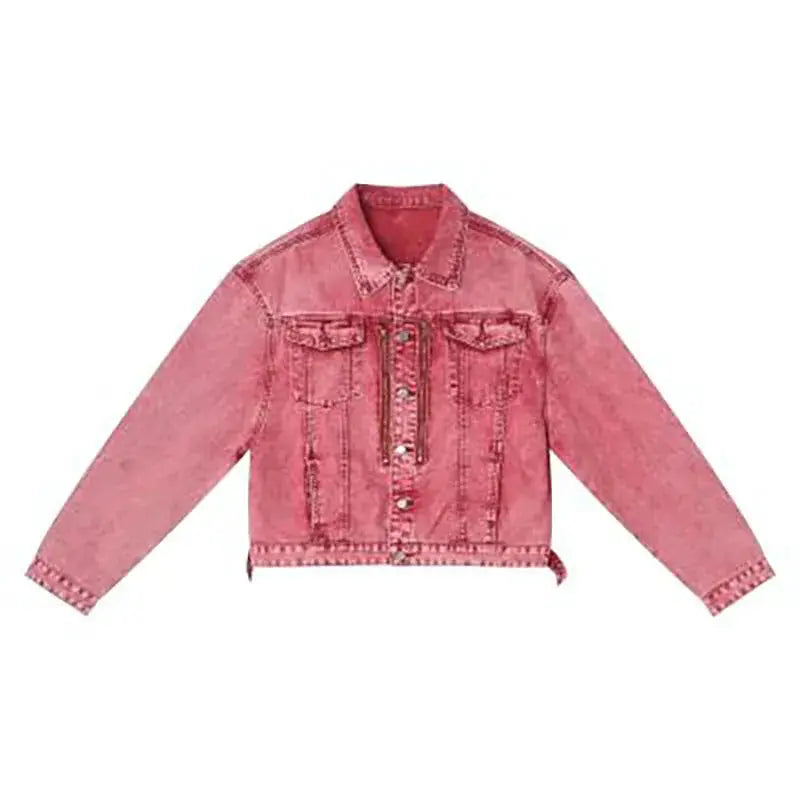 Retro Men Short Denim Jacket Loose Autumn Lapel Pink Washed Distress Cowboy Coat Male Y2k Japanese Harajuku Cargo Outwear 2023 Hominus Denim