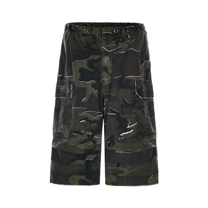 Retro Washed Distressed Camouflage Baggy Shorts Men's Street Hip Hop Camo Calf-Length Pants Hominus Denim