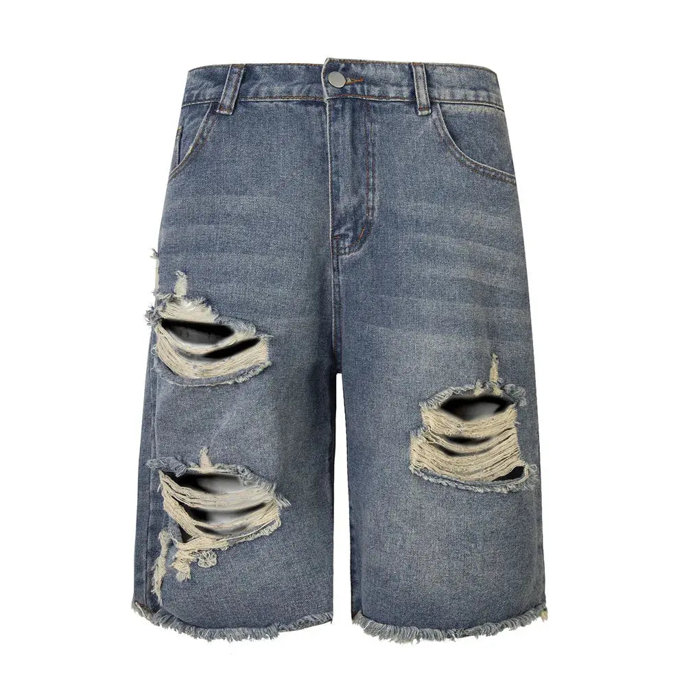 Ripped Denim Shorts Mens Raw Edge Summer Loose Wide Leg Washed Distressed Elastic Waist Short Jeans Hominus Denim